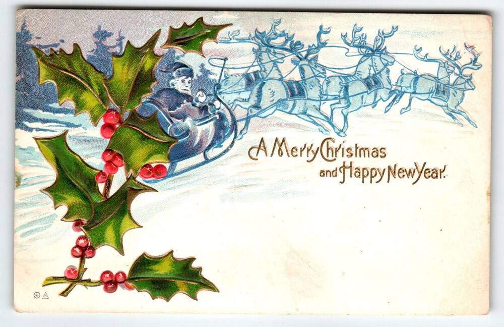 Santa Claus Christmas Postcard Blue Reindeer Embossed Vintage Happy New Year